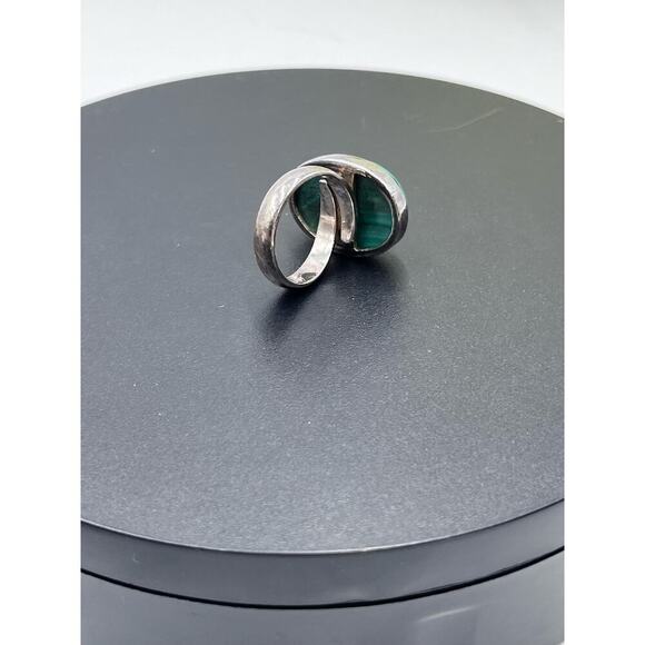 Signed‎ Sterling silver Malachite Heart  Chakra Love Cabochon Bypass Ring 8-8.5 - Picture 6 of 11